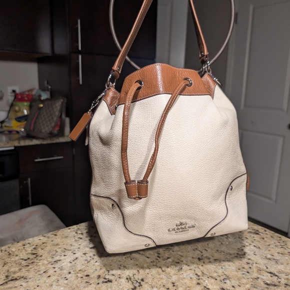 Coach Cream and Saddle Brown Mickie Drawstring Leather Shoulder Bag - Picture 1 of 7